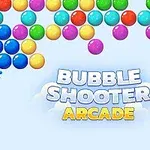 Bile colorate aliniate în partea de sus a imaginii cu titlul Bubble Shooter Arcade în partea de jos