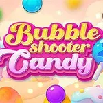 Text colorat și vibrant „Bubble Shooter Candy 2” pe un fundal cu bile colorate și elemente dulci