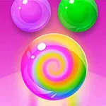 Bile colorate și luminoase pe un fundal roz, cu o bilă mare centrală având un model spirală curcubeu