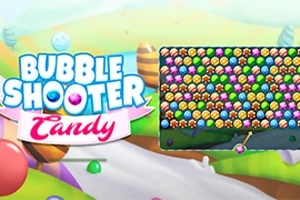Grafic colorat cu bile de diverse culori și text mare Bubble Shooter Candy pe un fundal cu bomboane
