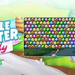 Grafic colorat cu bile de diverse culori și text mare Bubble Shooter Candy pe un fundal cu bomboane