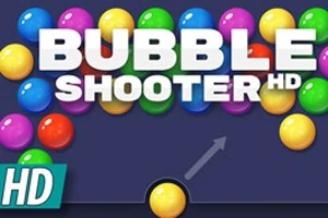 Bile colorate aranjate într-un model, cu textul BUBBLE SHOOTER HD deasupra și un indicator săgeată către o bilă galbenă