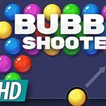 Bile colorate aranjate într-un model, cu textul BUBBLE SHOOTER HD deasupra și un indicator săgeată către o bilă galbenă