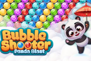 Panda zâmbitor ținând o umbrelă roșie, înconjurat de bile colorate și sigla Bubble Shooter Panda Blast pe fundal de nori
