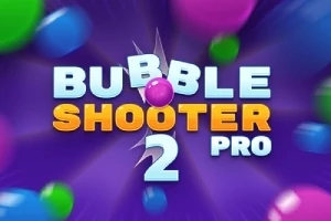 Text colorat Bubble Shooter 2 Pro înconjurat de bile colorate pe fundal violet