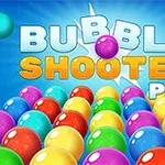 Bile colorate strălucitoare pe un fundal albastru cu text suprapus Bubble Shooter Pro