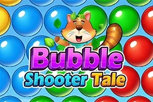 Un animal animat vesel apare în centrul unui fundal cu bile colorate, alături de textul Bubble Shooter Tale