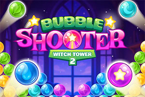 Bule colorate și inscripția Bubble Shooter Witch Tower 2 pe un fundal cu fereastră în stil gotic