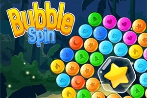Textul Bubble Spin și un grup de bule colorate în formă rotundă, cu stea galbenă în centru, pe un fundal de seară