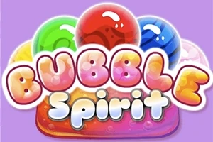 Text colorat Bubble Spirit înconjurat de sfere colorate pe un fundal violet