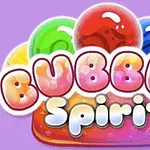 Text colorat Bubble Spirit înconjurat de sfere colorate pe un fundal violet