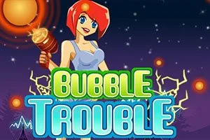 Personaj cu păr roșu ținând o baghetă luminoasă, în fața unui fundal înstelat, cu titlul Bubble Trouble în prim-plan