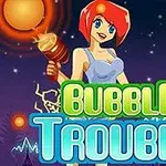 Personaj cu păr roșu ținând o baghetă luminoasă, în fața unui fundal înstelat, cu titlul Bubble Trouble în prim-plan