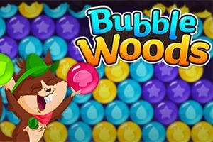 O veveriță animată ținând o bulă colorată într-un cadru vibrant, cu fundal de bile colorate și textul Bubble Woods