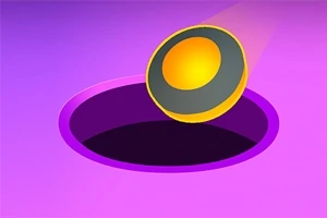 O minge galbenă și gri în fața unei găuri negre pe un fundal violet