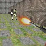 Perspectivă de primă persoană cu un jucător țintind și trăgând cu o pușcă spre un inamic într-un mediu de joc 3D cu ziduri de cărămidă