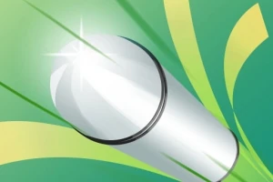 Proiectil metalic strălucitor în mișcare, pe un fundal verde cu linii și forme abstracte