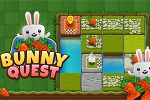 Două iepurași drăguți și morcovi pe o grilă de pietre și iarbă, cu un râu albastru și titlul Bunny Quest