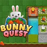 Două iepurași drăguți și morcovi pe o grilă de pietre și iarbă, cu un râu albastru și titlul Bunny Quest