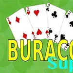 Patru cărți de joc cu valoarea doi și textul BURACO Super pe un fundal verde