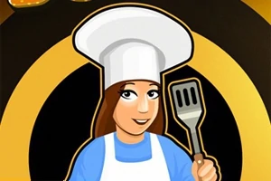 Femeie bucătar îmbrăcată cu șapcă albă și șorț, ținând în mână o spatulă, pe un fundal galben și negru