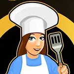 Femeie bucătar îmbrăcată cu șapcă albă și șorț, ținând în mână o spatulă, pe un fundal galben și negru