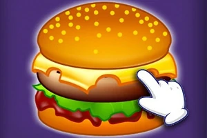 Un burger desenat cu chiflă, carne, brânză, salată și un clic pe un fundal violet