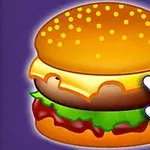 Un burger desenat cu chiflă, carne, brânză, salată și un clic pe un fundal violet