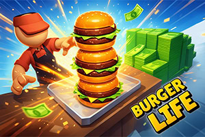 Bucătar stilizat arătând spre un burger uriaș cu mai multe straturi pe o tavă, lângă teancuri de bancnote verzi și textul „BURGER LIFE, pe un fundal albastru dinamic