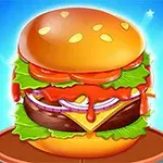 Un hamburger mare cu salată, felii de roșii, ceapă și brânză, sub un sos roșu, pe un fundal albastru strălucitor cu stele