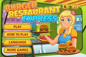 O femeie blondă zâmbește, ținând o tavă cu un burger și un suc, alături de butoane colorate de meniu pe un fundal de restaurant