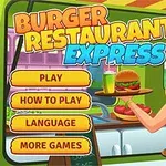 O femeie blondă zâmbește, ținând o tavă cu un burger și un suc, alături de butoane colorate de meniu pe un fundal de restaurant