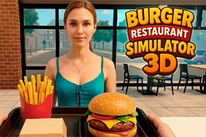 Femeie într-un restaurant ținând o tavă cu burger și cartofi prăjiți, cu un panou colorat în fundal