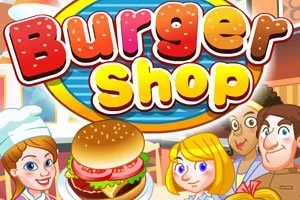 Logo colorat cu textul Burger Shop, însoțit de un hamburger și personaje animate zâmbitoare