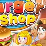 Logo colorat cu textul Burger Shop, însoțit de un hamburger și personaje animate zâmbitoare