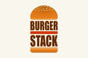 Logo compus din cuvintele Burger Stack între două jumătăți de chiflă de burger pe un fundal deschis