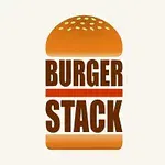 Logo compus din cuvintele Burger Stack între două jumătăți de chiflă de burger pe un fundal deschis