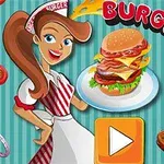 O femeie animată în uniformă de chelneriță zâmbește și ține o farfurie cu un hamburger, înconjurată de felii de roșii, ciuperci și bacon, cu textul BURGER TIME
