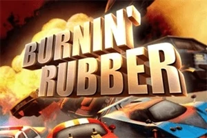 Textul Burnin Rubber apare deasupra unei scene cu mașini colorate și explozii în fundal