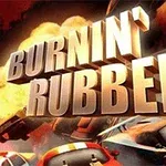 Textul Burnin Rubber apare deasupra unei scene cu mașini colorate și explozii în fundal