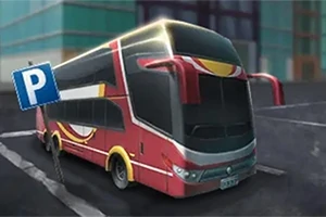 Autobuz roșu parcat într-un spațiu de parcare lângă un semn P albastru, într-un mediu urban