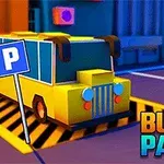 Autobuz galben stilizat parcat lângă un semn de parcare, cu clădiri colorate în fundal