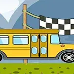 Autobuz galben desenat trecând linia de sosire pe un fundal de munți