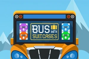 Autobuz portocaliu cu ecran afișând textul Bus with Suitcases și imagini cu valize colorate, pe fundal de munți albaștri