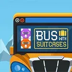 Autobuz portocaliu cu ecran afișând textul Bus with Suitcases și imagini cu valize colorate, pe fundal de munți albaștri