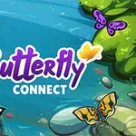 Textul Butterfly Connect este înconjurat de fluturi colorați și vegetație lângă un curs de apă