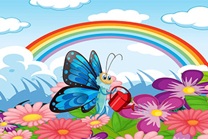 Fluture albastru udă flori colorate sub un curcubeu pe fundal cer senin