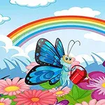 Fluture albastru udă flori colorate sub un curcubeu pe fundal cer senin