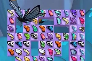 Un fundal de joc cu fluturi colorați și forme geometrice pe un fundal violet, cu un fluture mare în partea de sus