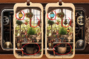 Două ilustrații vintage alăturate ale unei încăperi cu plante, obiecte decorative și mecanisme, cu diferențe marcate prin cercuri roșii